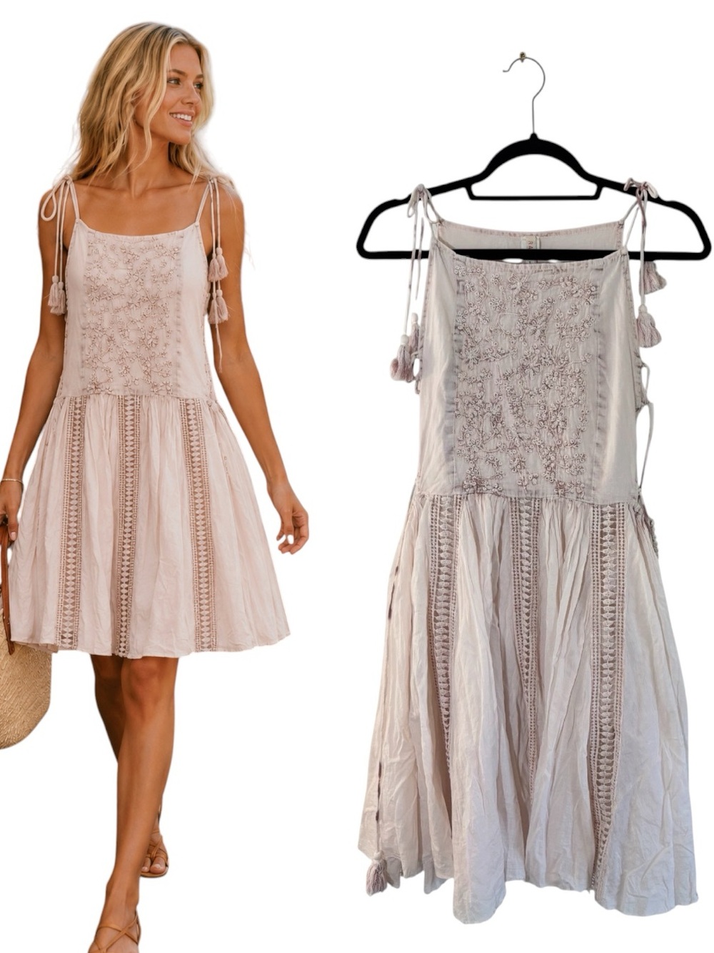 Raga Anthropologie Blush Pink Embroidered Tassel Mini Dress Size Small